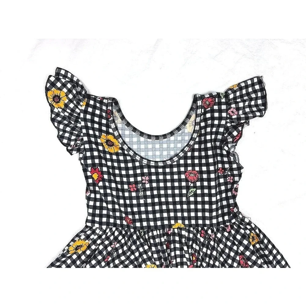 Dot Smile Girl 8 10 Empire‎ Black White Gingham Flower Floral Dress V Neck NWT